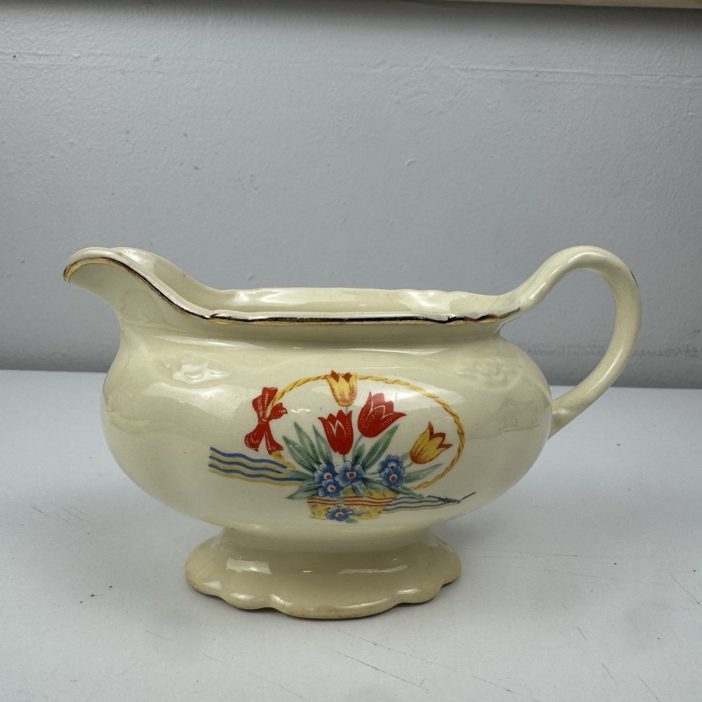 Vtg 1948 Homer Laughlin Virginia Rose Tulips‎ Basket Creamer Gold Trim USA
